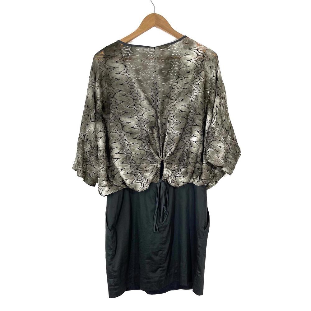 Black Halo Women’s Size 12 Large Grey Metallic Lace Blouson Top Dress Pockets - Picture 8 of 12